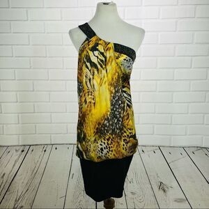 Alchera Black & Gold One Shoulder Dress - Size 40 (M)